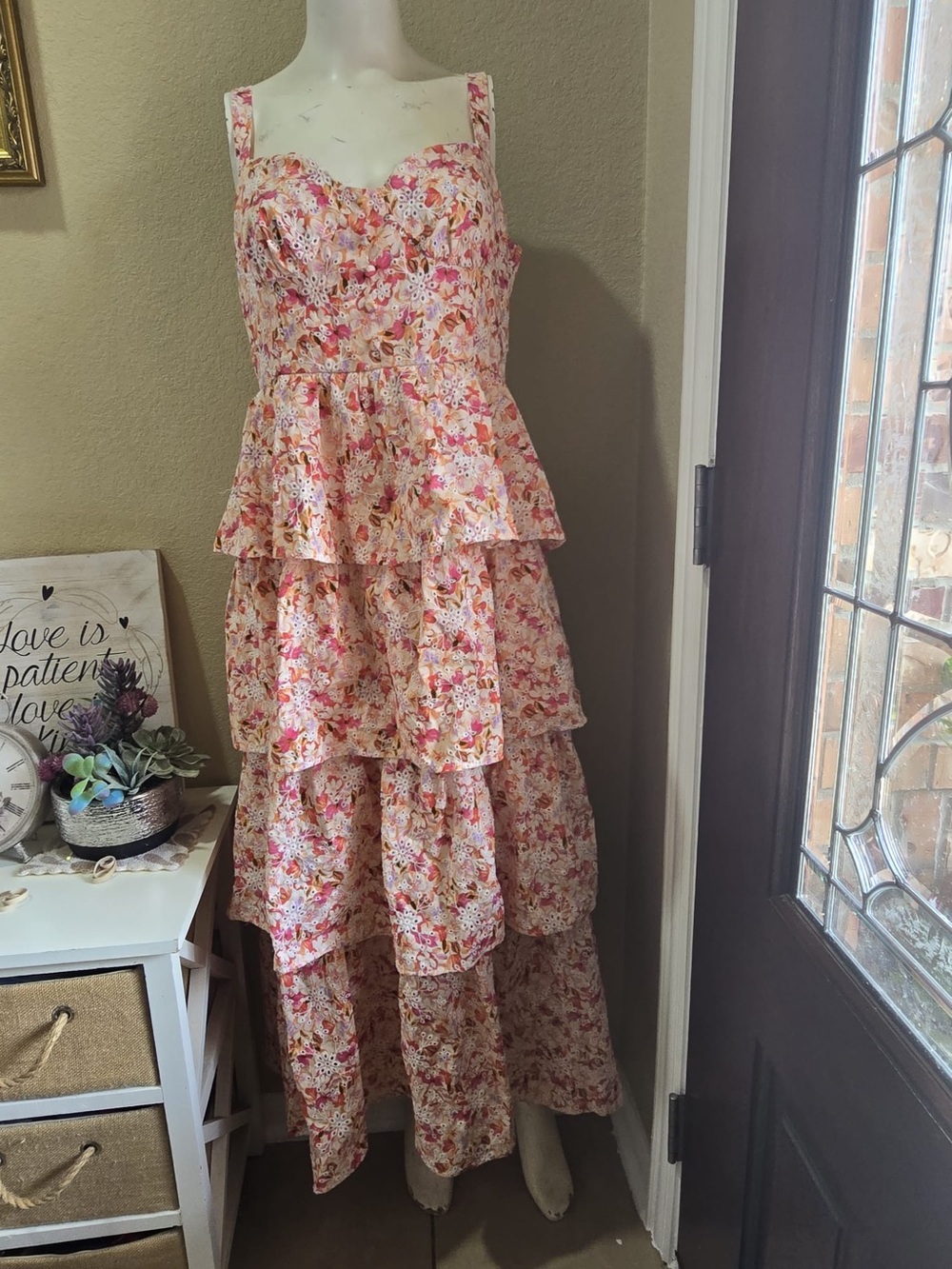Tiered Floral Maxi Dress in Pink and Cream